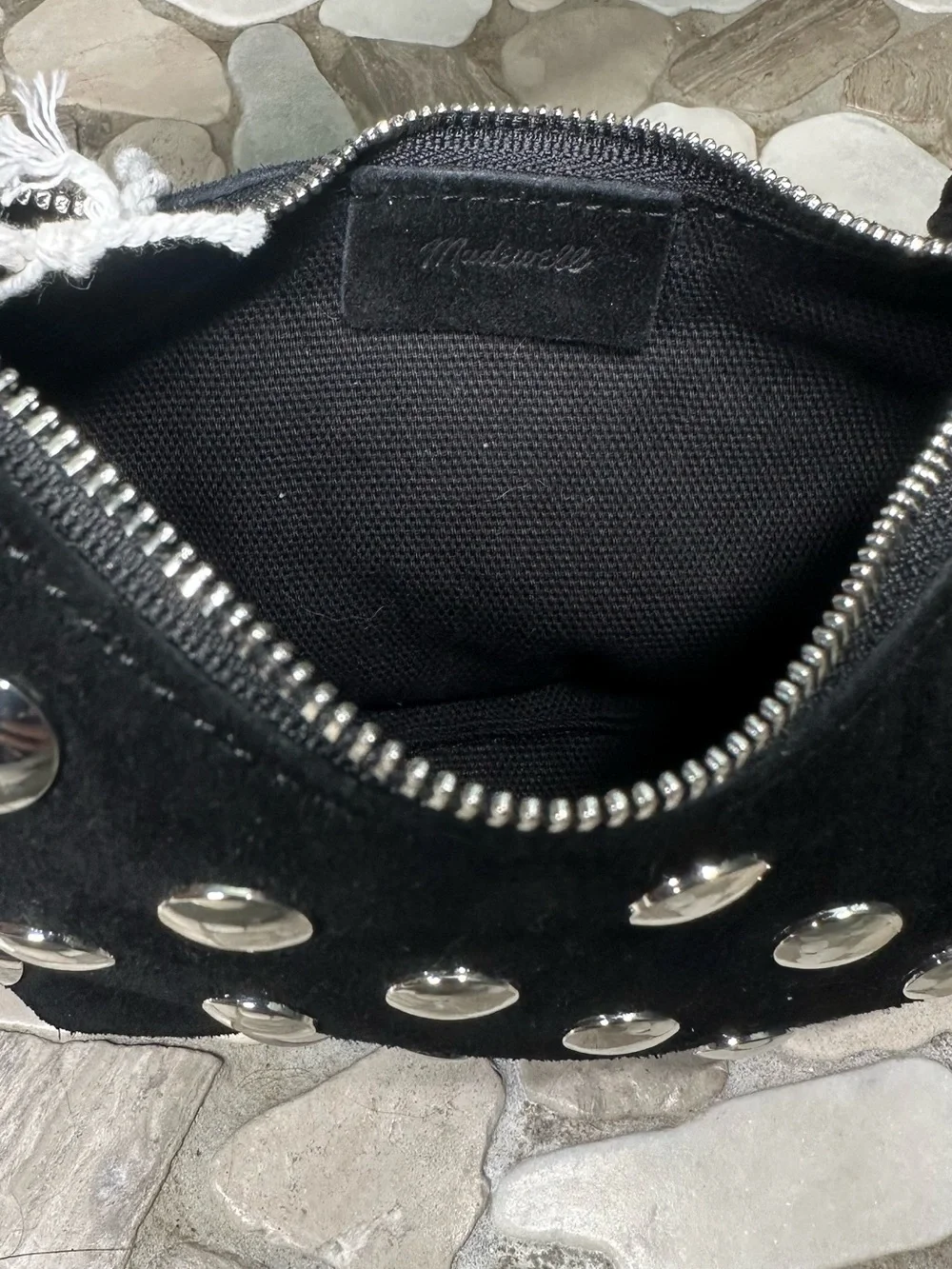 Madewell Mini Bag in True Black Multi, suede adorned with silver dome studs. NWT